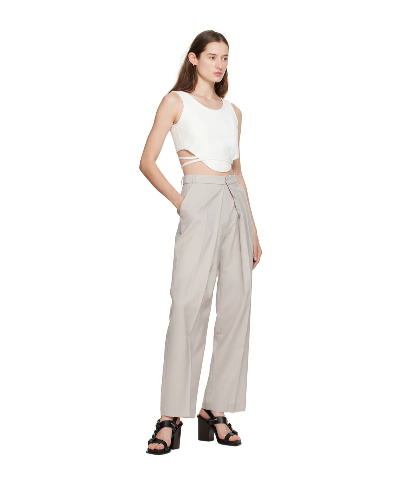 Low Classic Belt Loop Deep Pleated Casual Pants In Nude