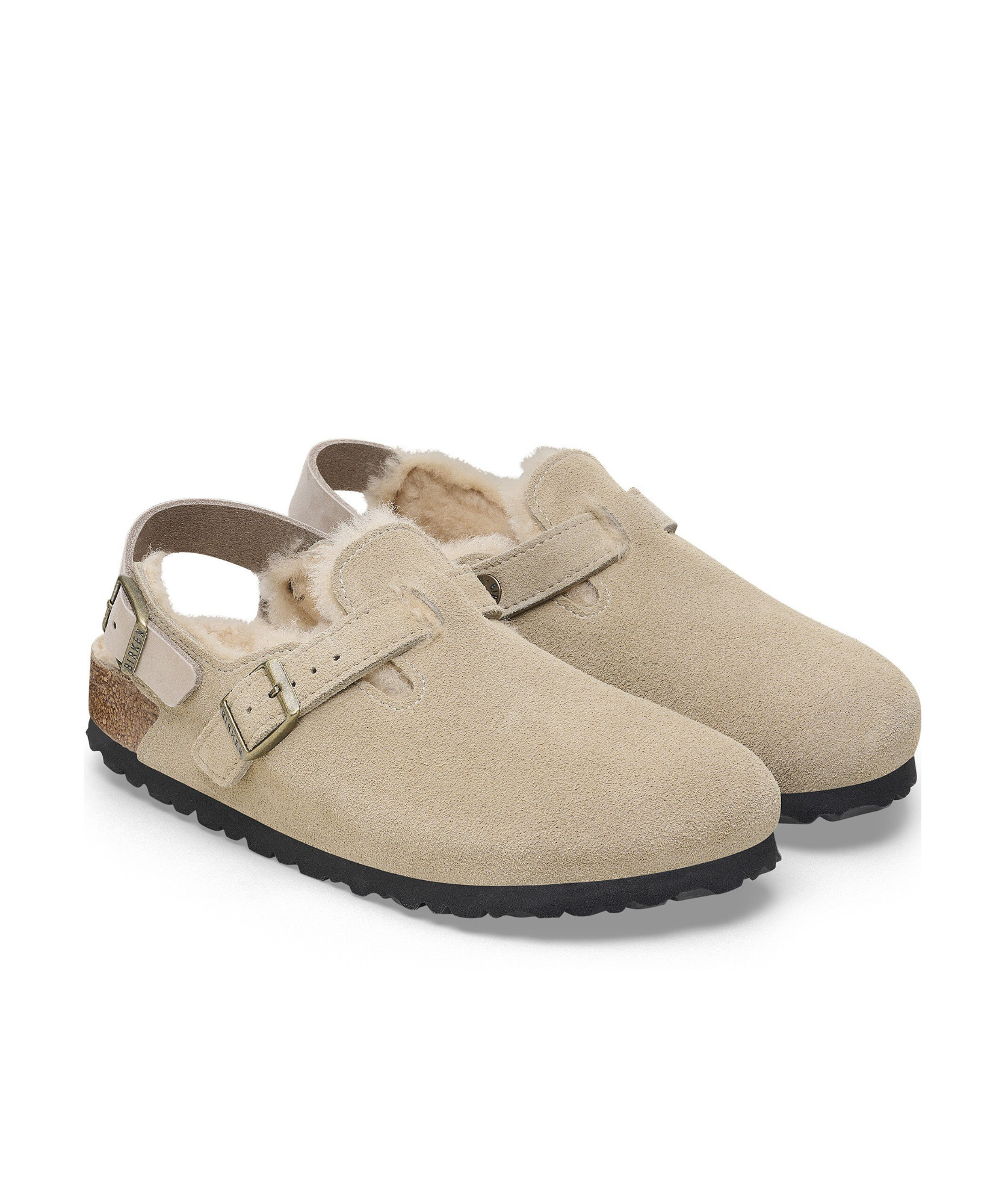 Birkenstock Tokio Shearling Buckled Suede Clogs In Nude