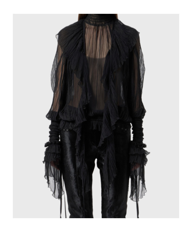 Blumarine High-neck Pleated Fringed-detail Blouse In Black