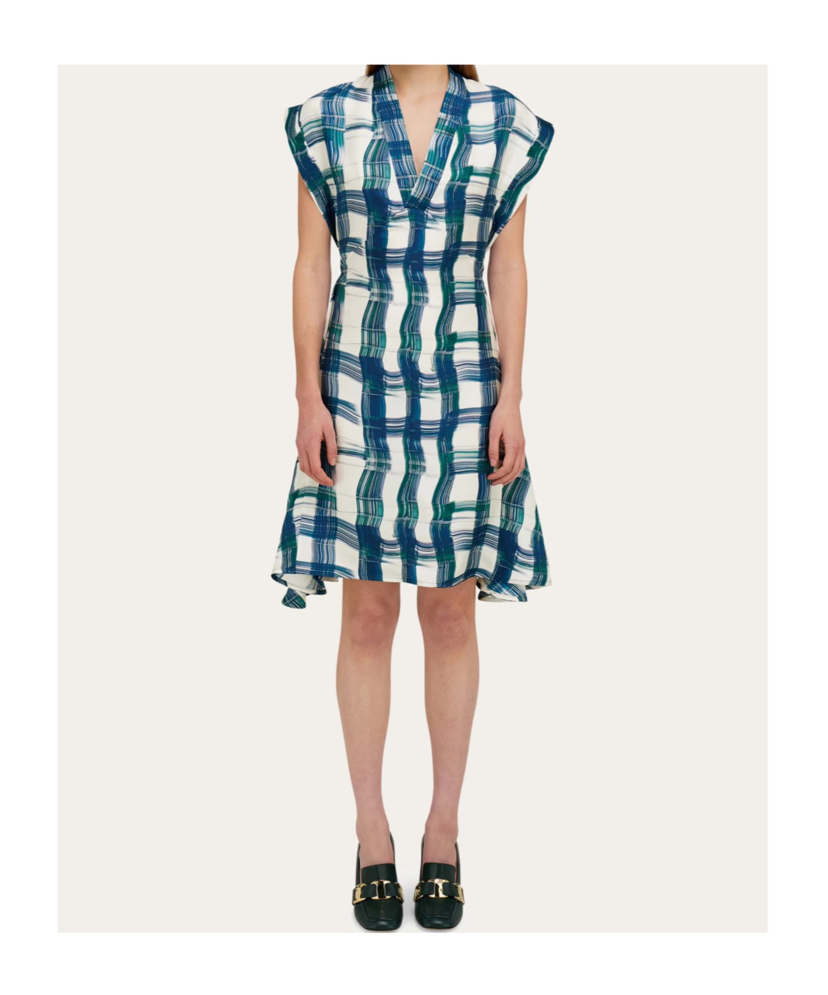 Ferragamo Brushstroke Check Short Silk Dress In Blue