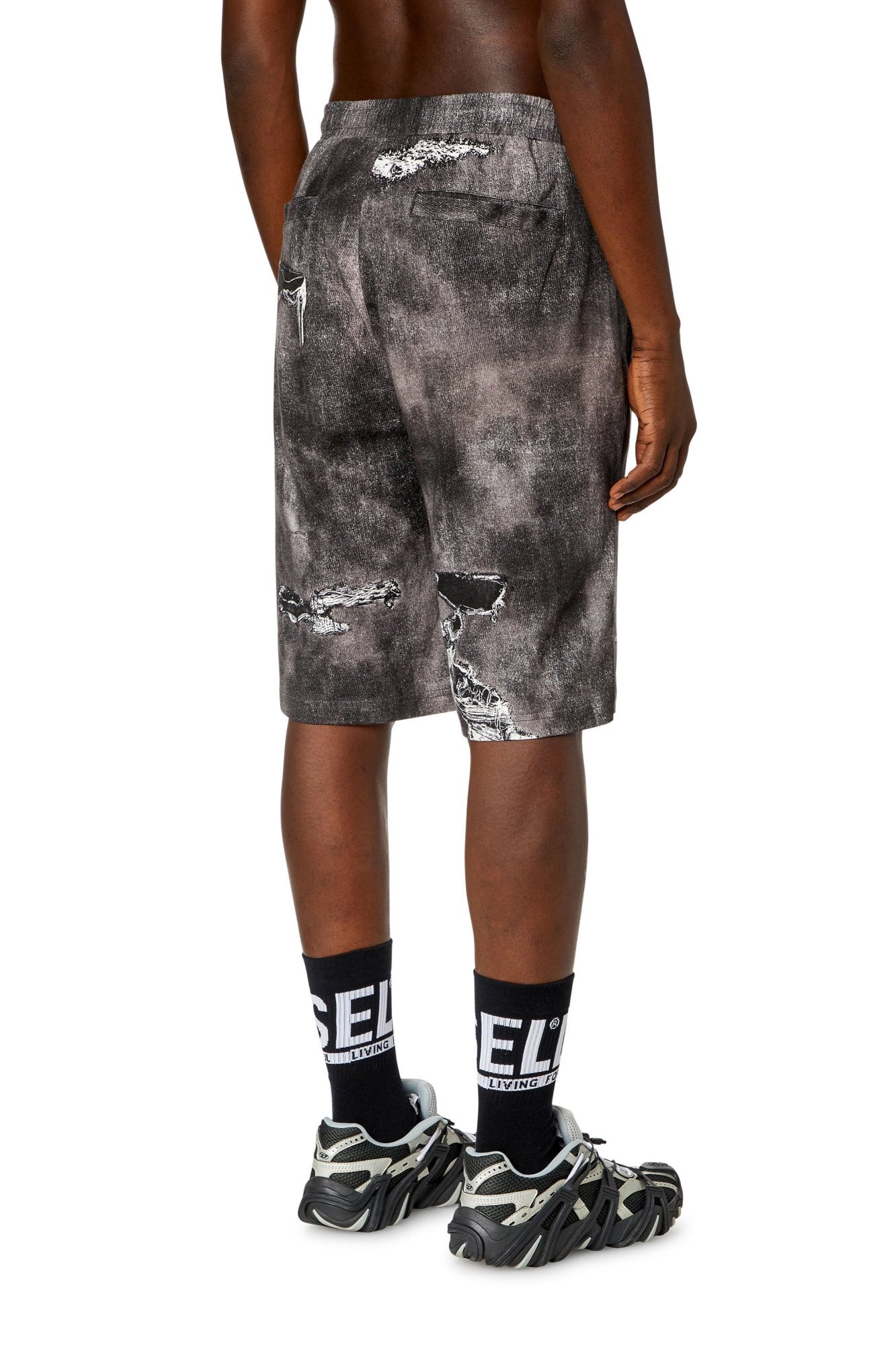 Diesel Distressed Knee Length Shorts With Elastic Waistband In Black