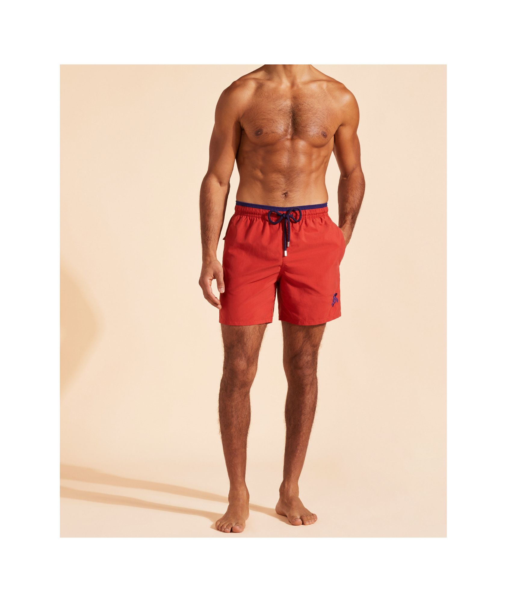 Vilebrequin Solid Bicolor Length Swim Trunks In Red