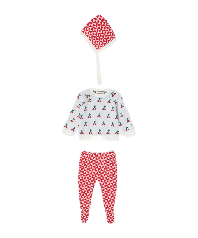 Bobo Choses Cherry Pattern Sweater, Elastic Waist Pants, Hat In White