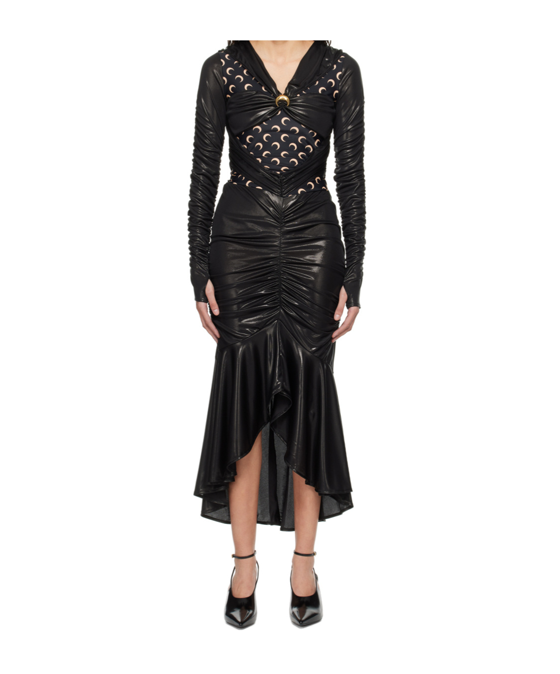 Marine Serre All Over Moon Ruched Jersey Midi Dress In Black