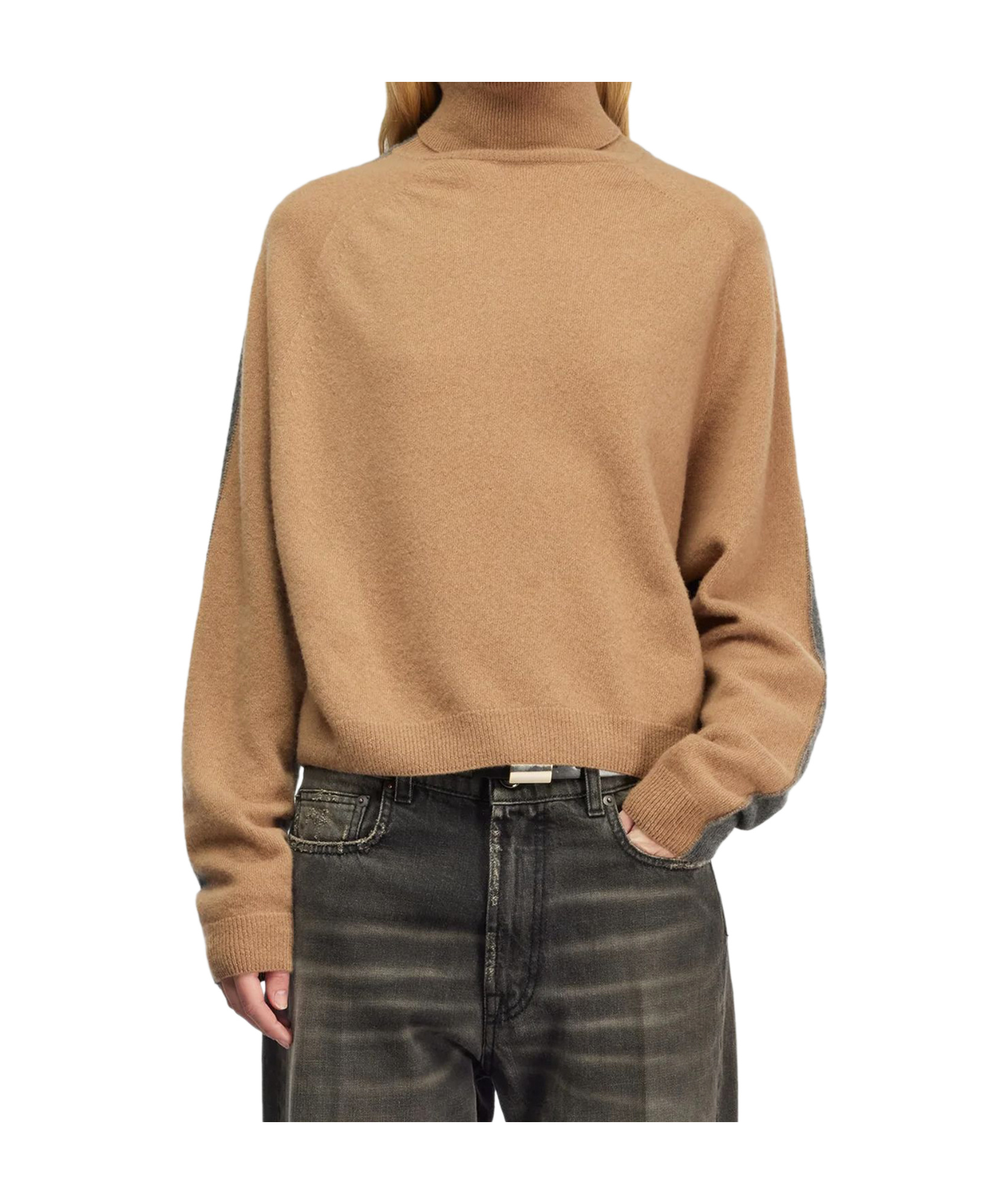 Semicouture Bi-color High Collar Knit Sweater In Wool-cashmere Blend In Brown