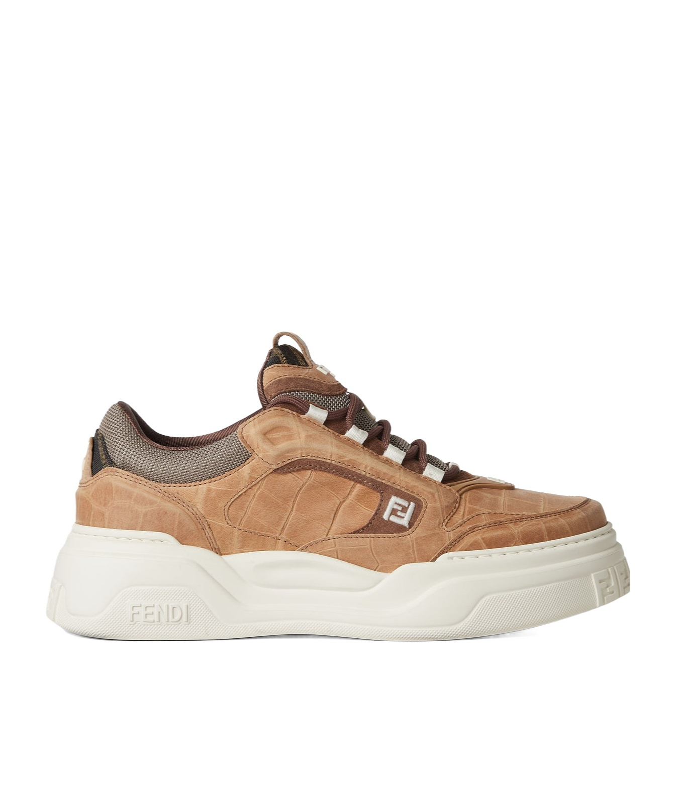 Fendi Crocodile-print Leather Force Sneakers Shoes In Brown