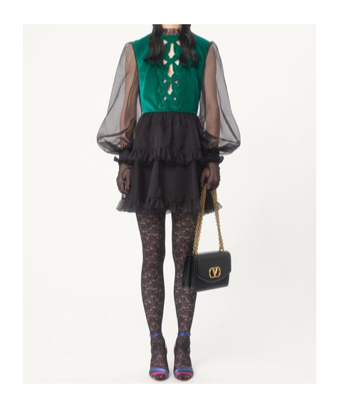 Shop Valentino Short Embroidered Organza Dress In Green/black
