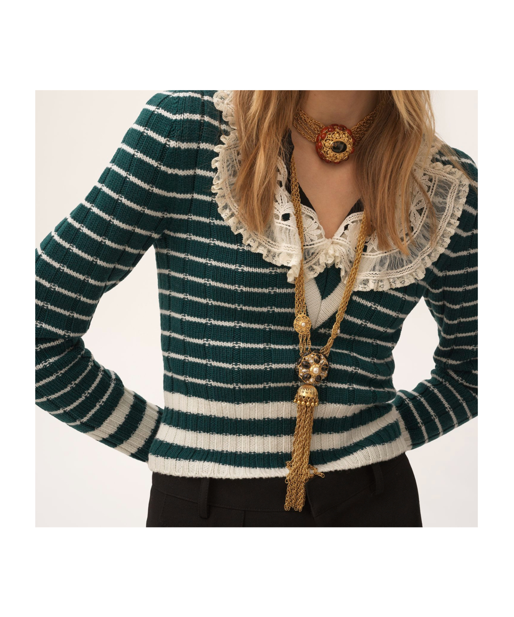Chloé Striped Ribbed Knit Jumper Lace Detail In Green