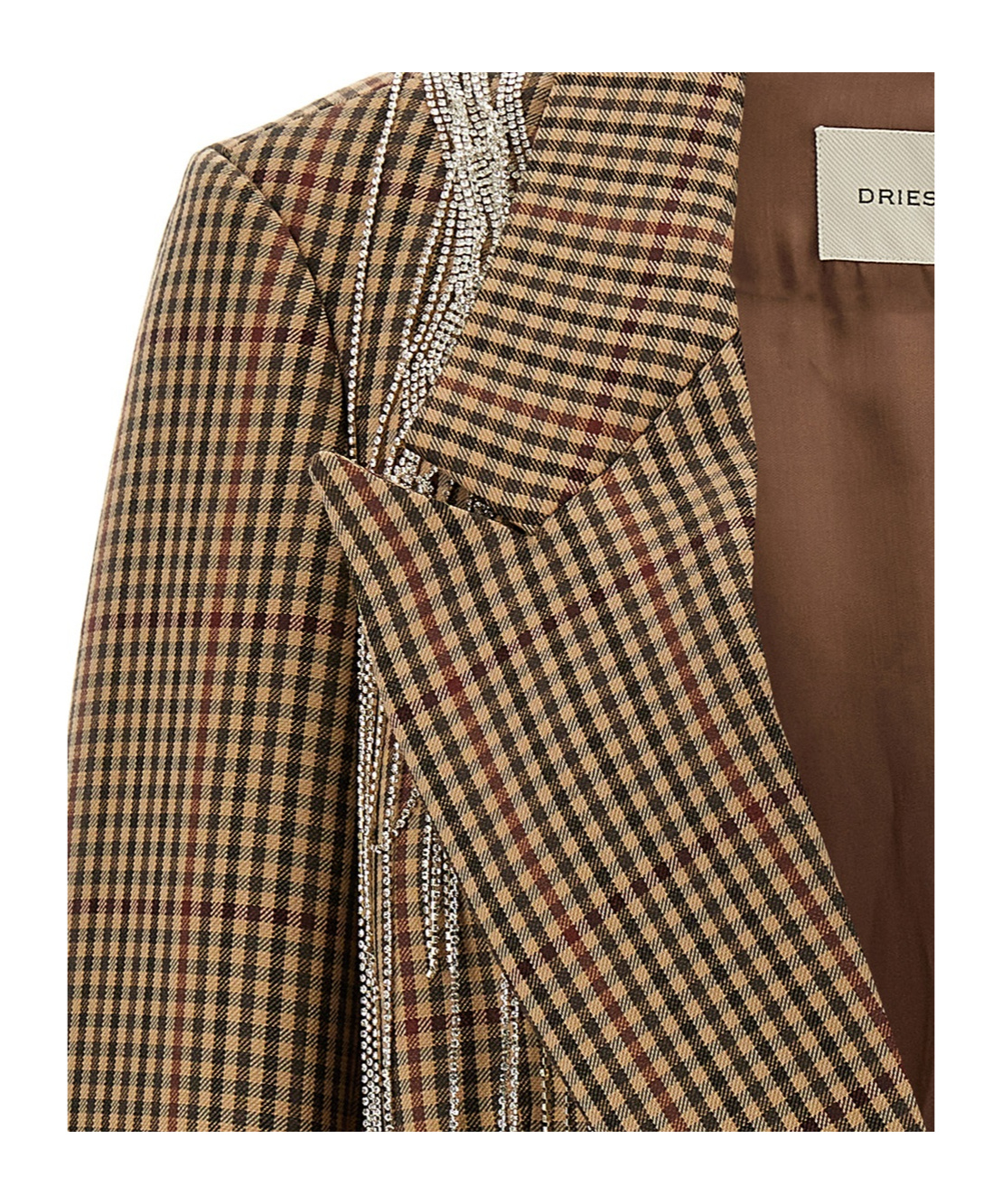 Dries Van Noten Blink Plaid Blazer With Crystal Chains In Brown
