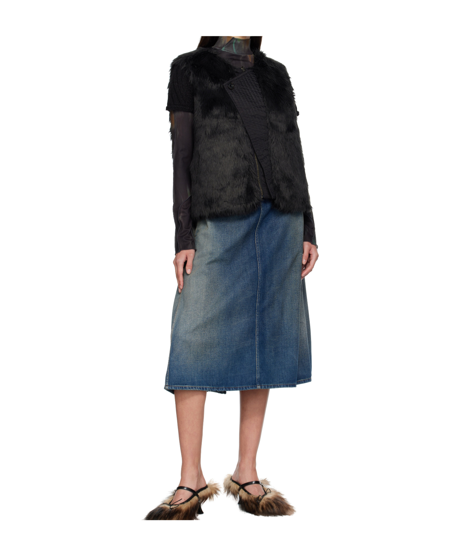 Andersson Bell Curved Placket Reversible Faux Fur Vest In Black