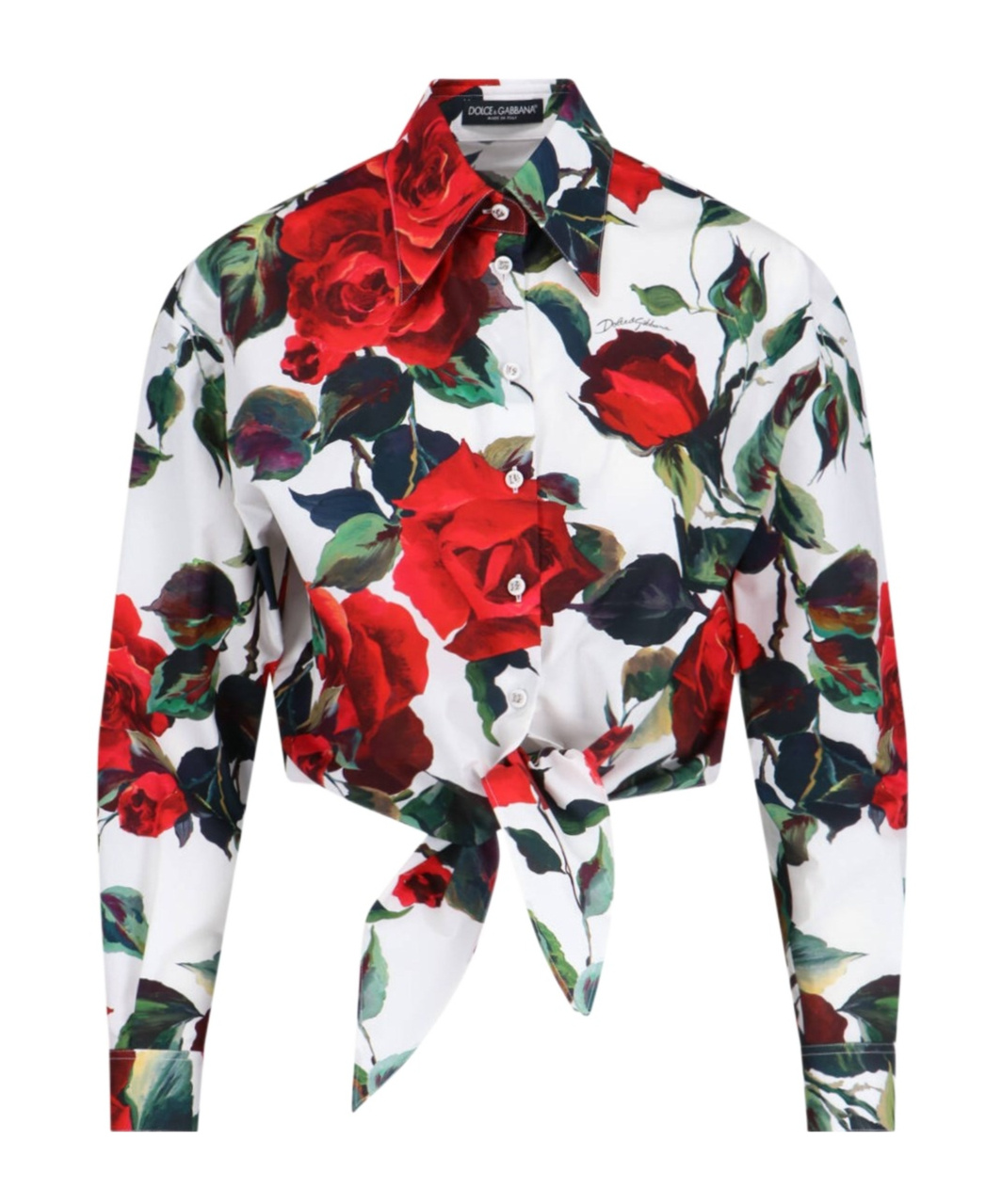 Dolce & Gabbana Cropped Tie-detailed Floral-print Cotton-poplin Shirt In White