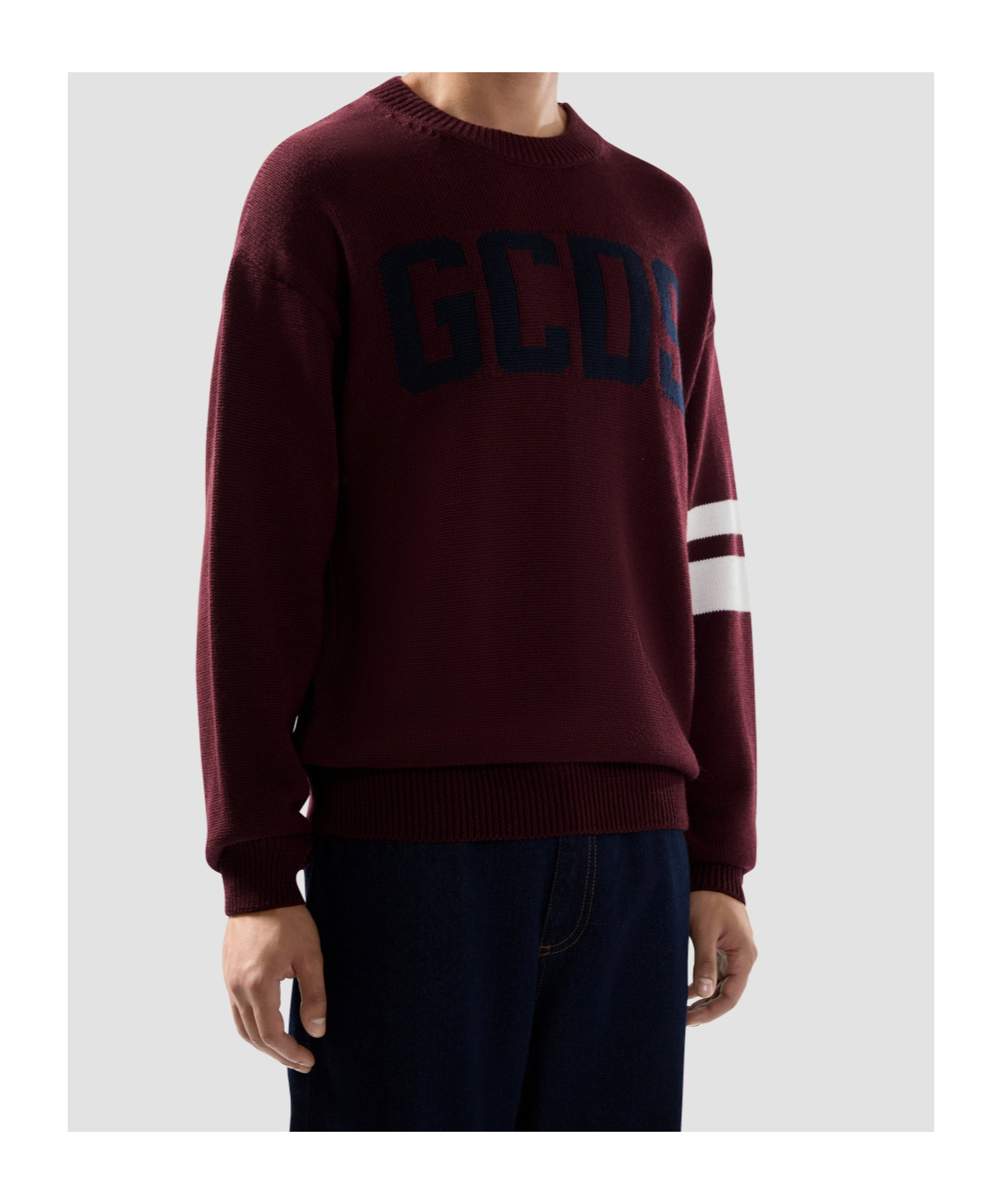 Gcds Bordeaux Knit Sweater With Navy Logo And Striped Sleeves In Burgundy
