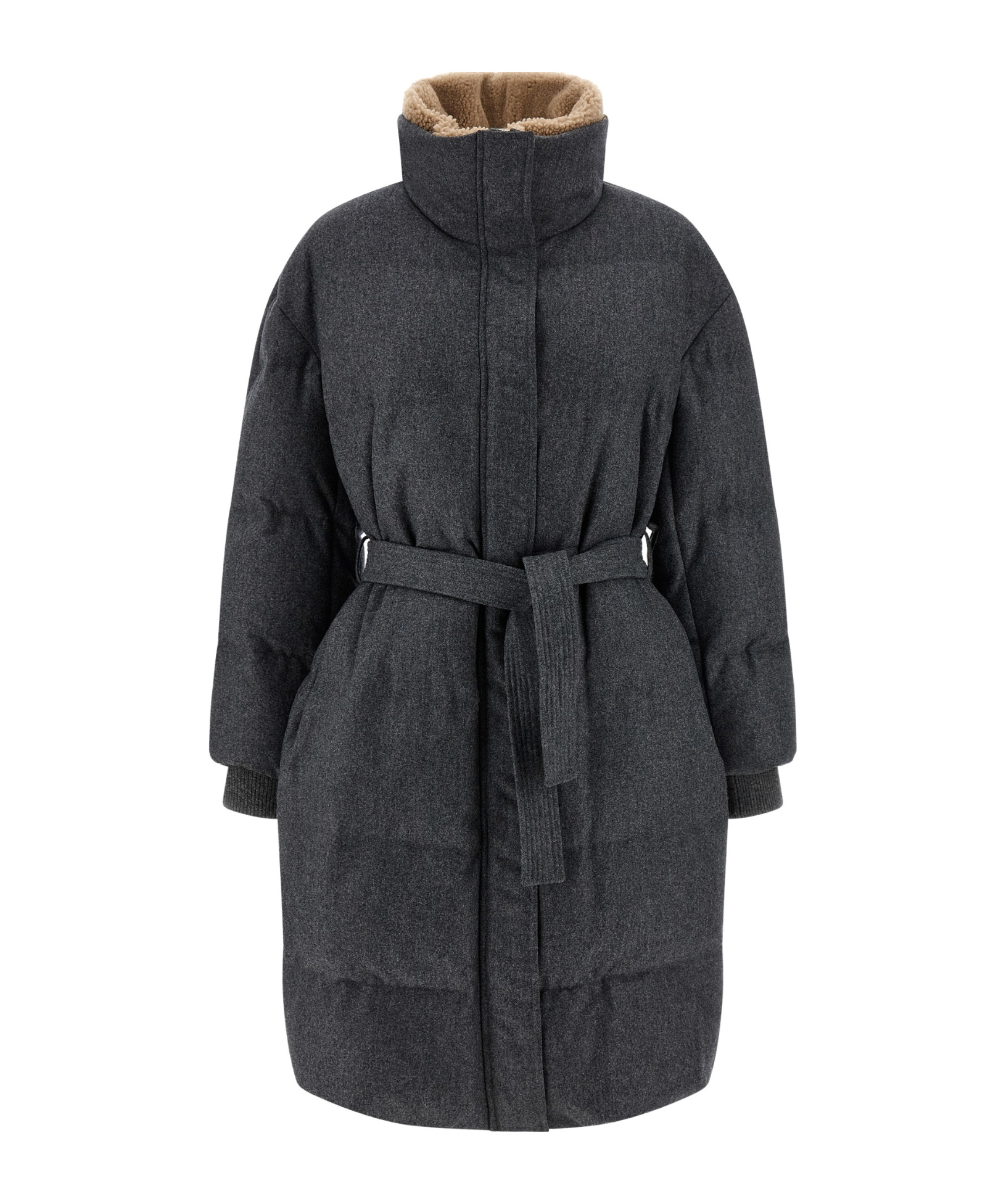 Brunello Cucinelli Lamb Shearling-collar Cashmere Puffer Jacket With Belt In Gray