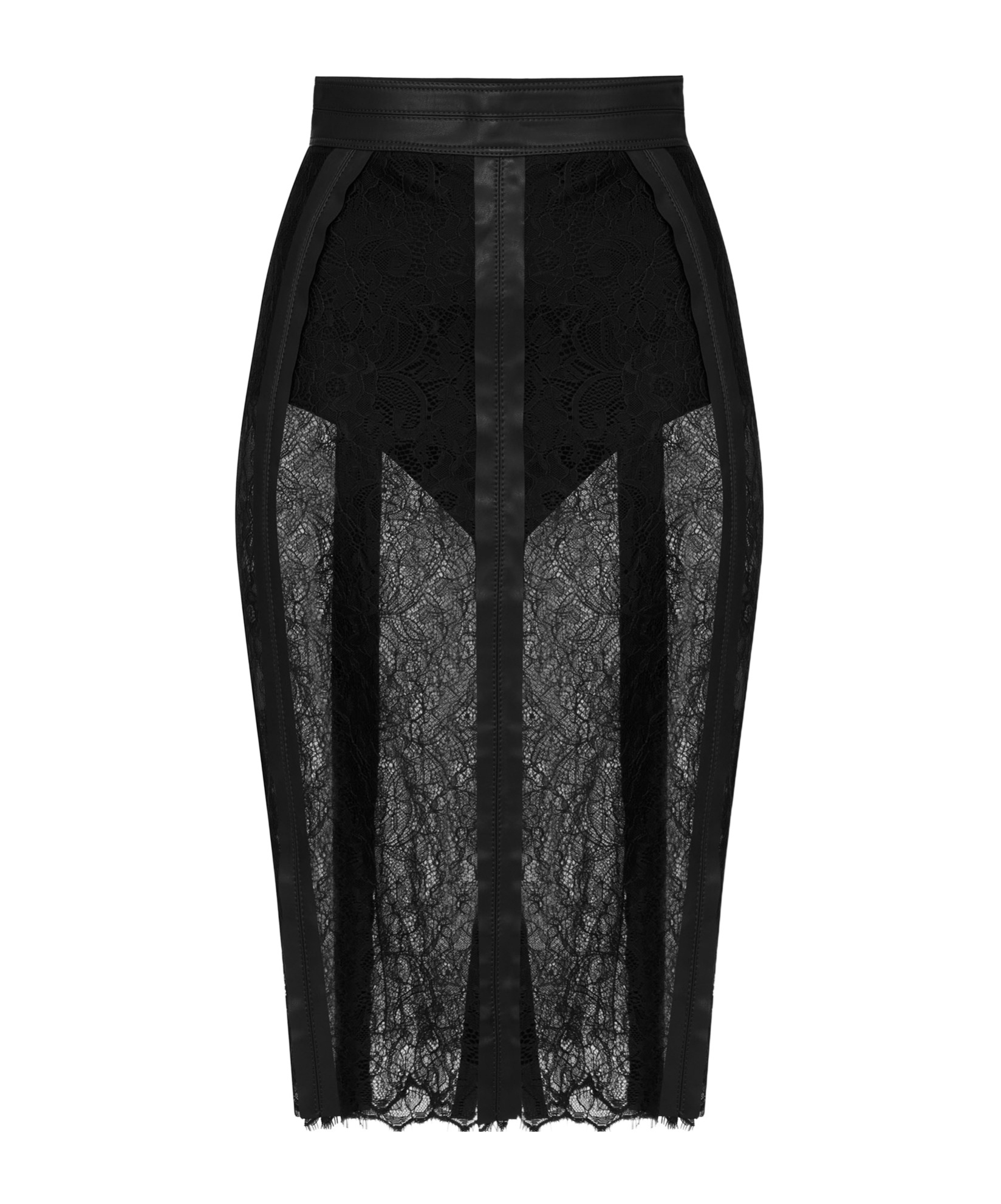Elisabetta Franchi Leather-trimmed Lace Midi Skirt In Black