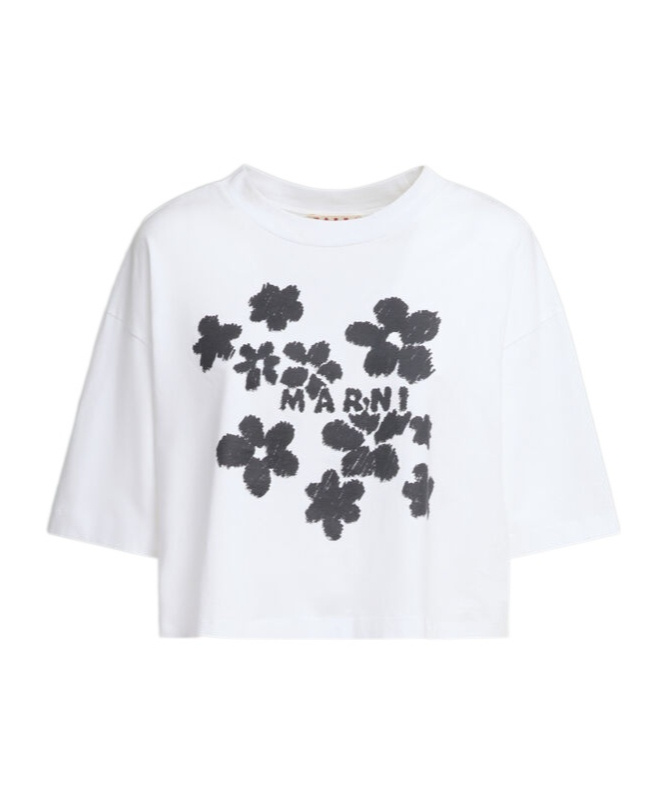 Marni White Cotton T-shirt With Daisy Garden Print In White