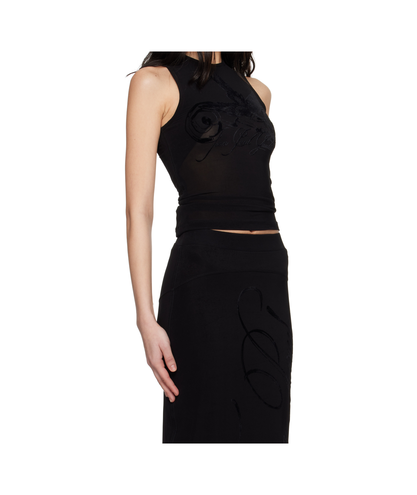 Jean Paul Gaultier Womens Black Semi-sheer Tattoo-print Woven Tank Top In Black