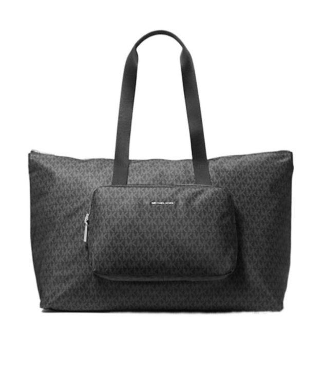 Michael Kors Michael Tanner Large Printed Signature Logo Reversible Packable Tote Bag In Black