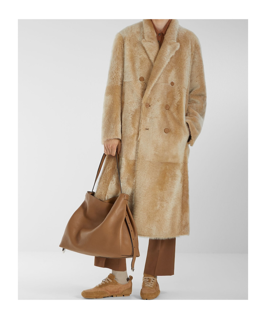 Fendi Light Beige Shearling Coat In Brown