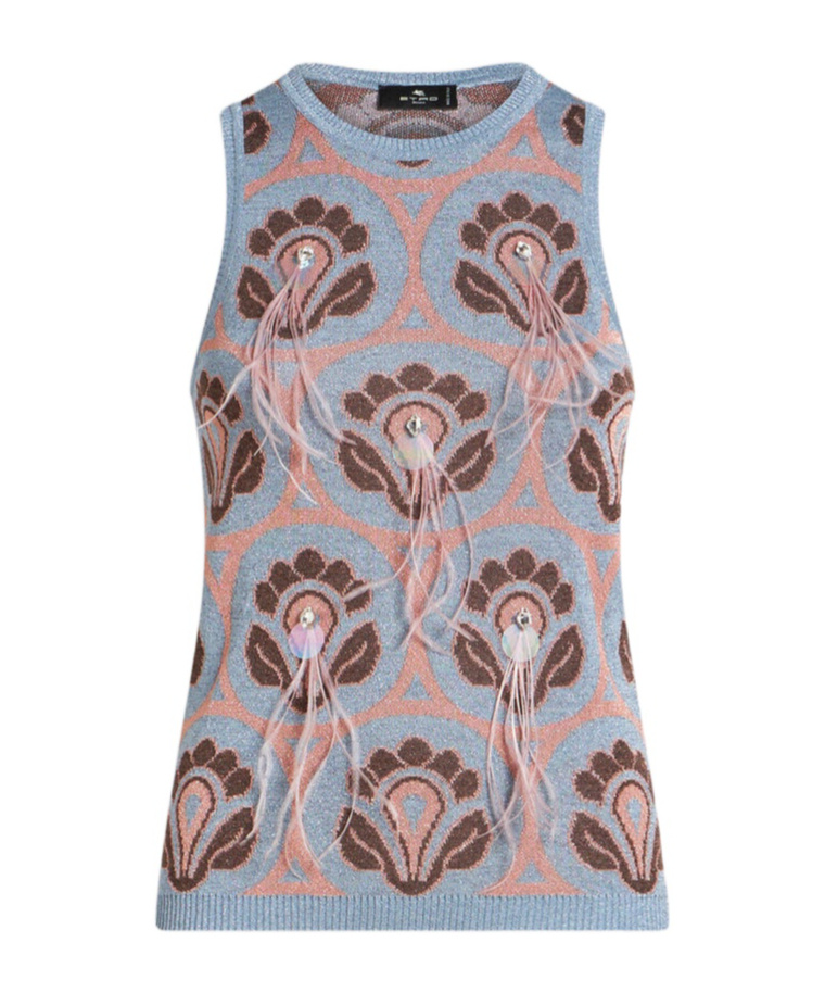 Etro Crystal Feather Embellished Foulard Knit Tank Top In Gray