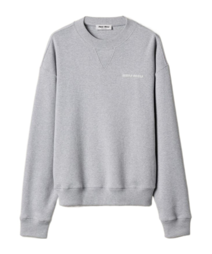 Miu Miu Oversize Crew Neck Sweatshirt With Ribbed Cuffs In Gray