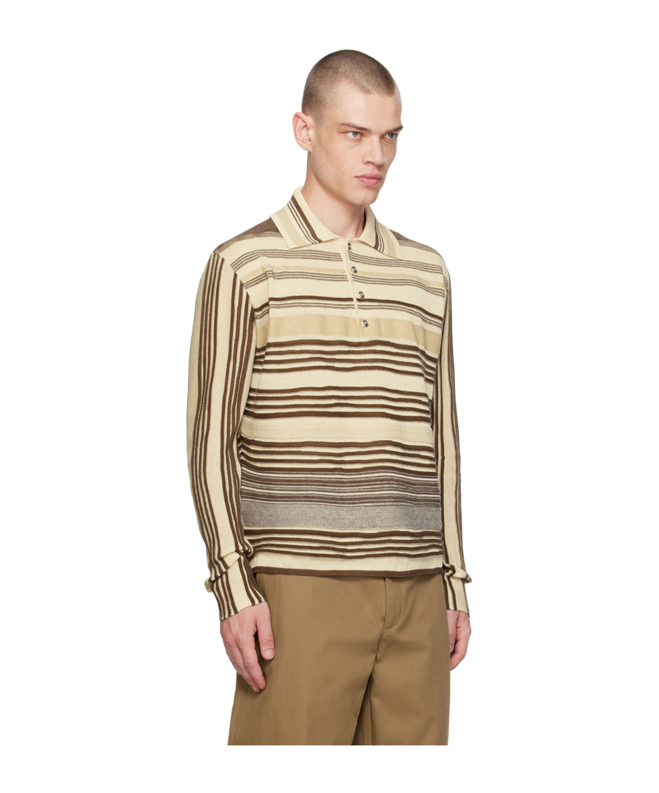 Bottega Veneta Striped Long-sleeved Polo Shirt In Nude