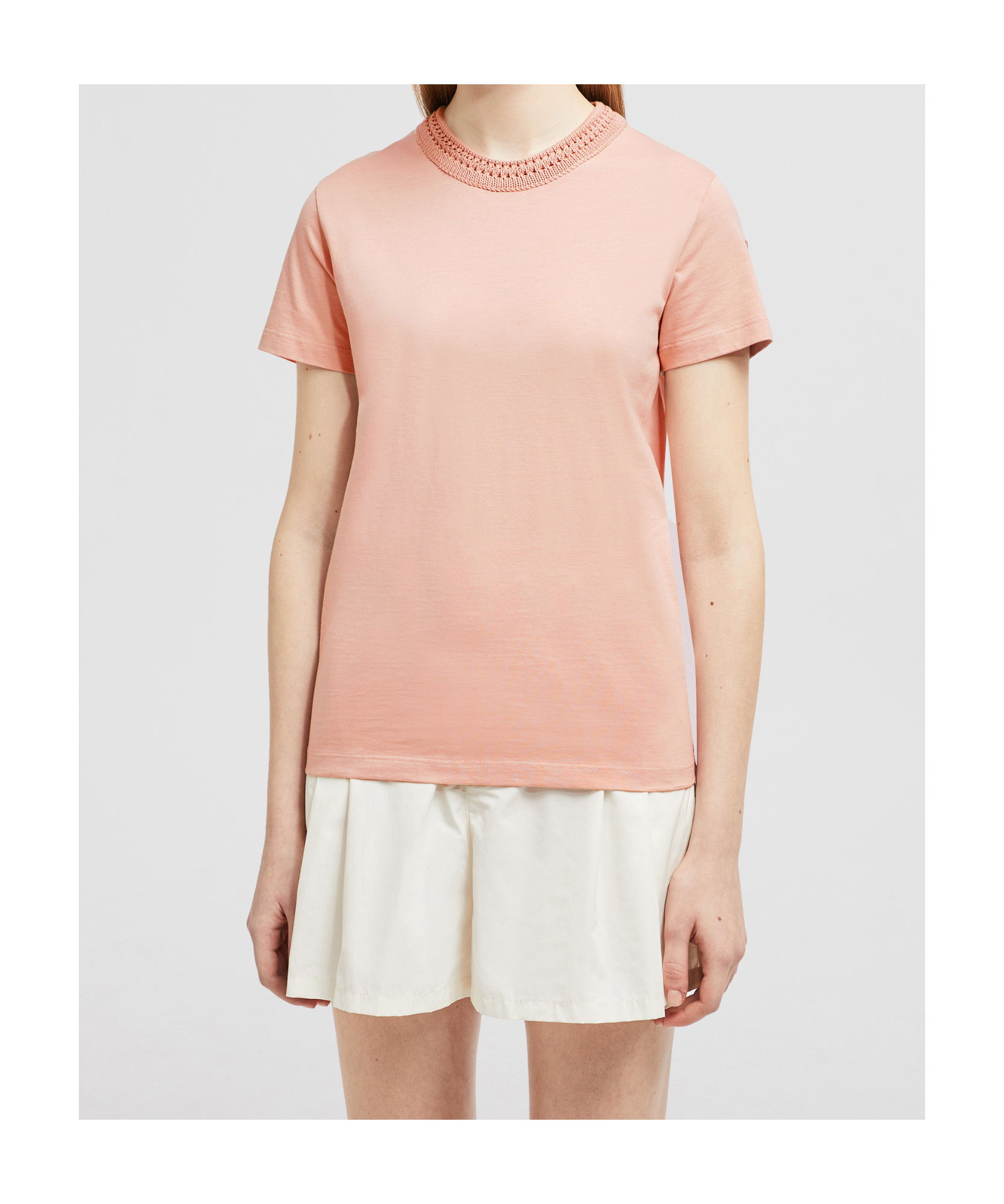 Moncler T-shirt En Coton Avec Détails En Crochet In Nude