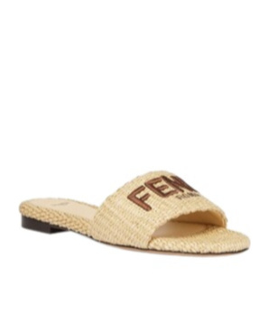 Fendi Natural Raffia Slides In Nude