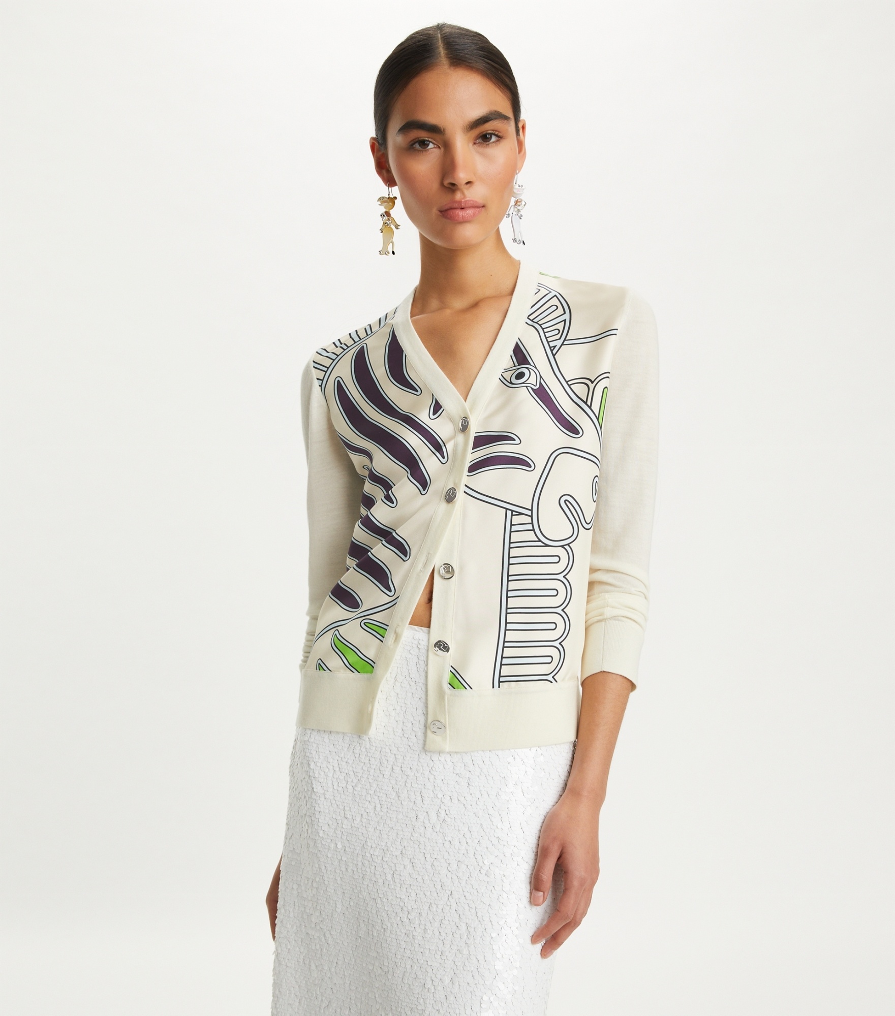 TORY BURCH SILK FRONT ZEBRA-PRINT CARDIGAN 