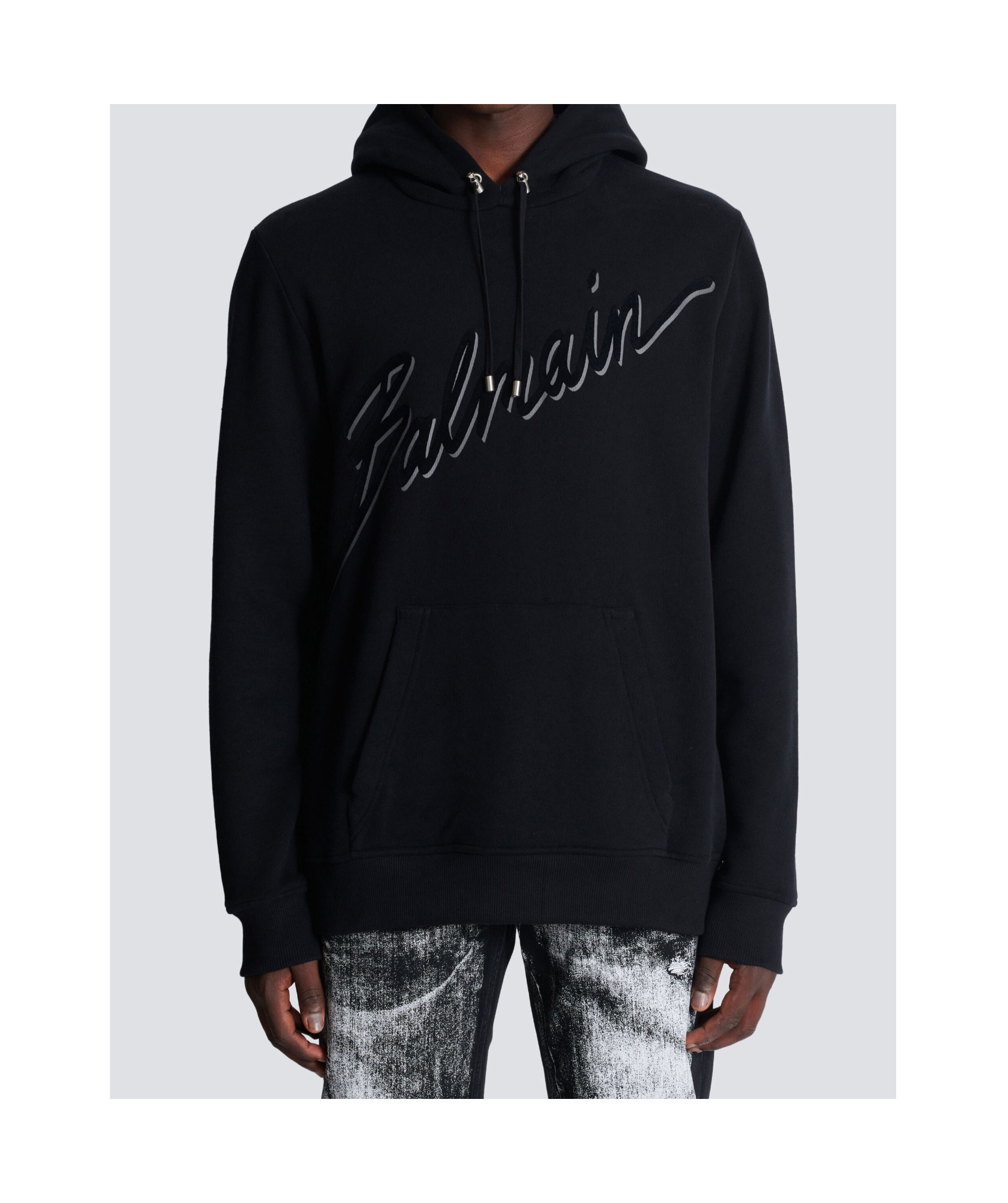 Balmain Cotton Hoodie With Embossed Velvet Logo In Black