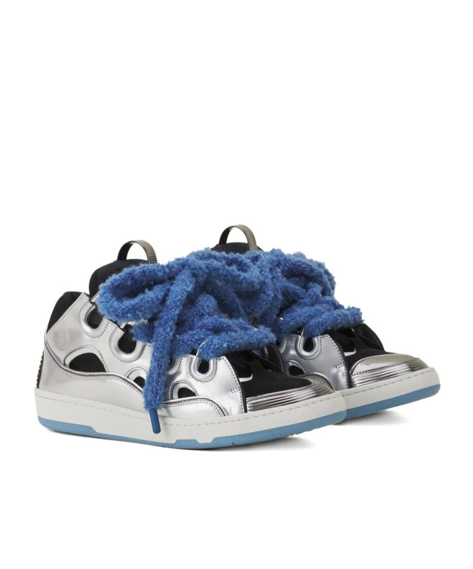 Lanvin Curb Metallic Leather Sneakers With Mesh Laces Shoes In Silver