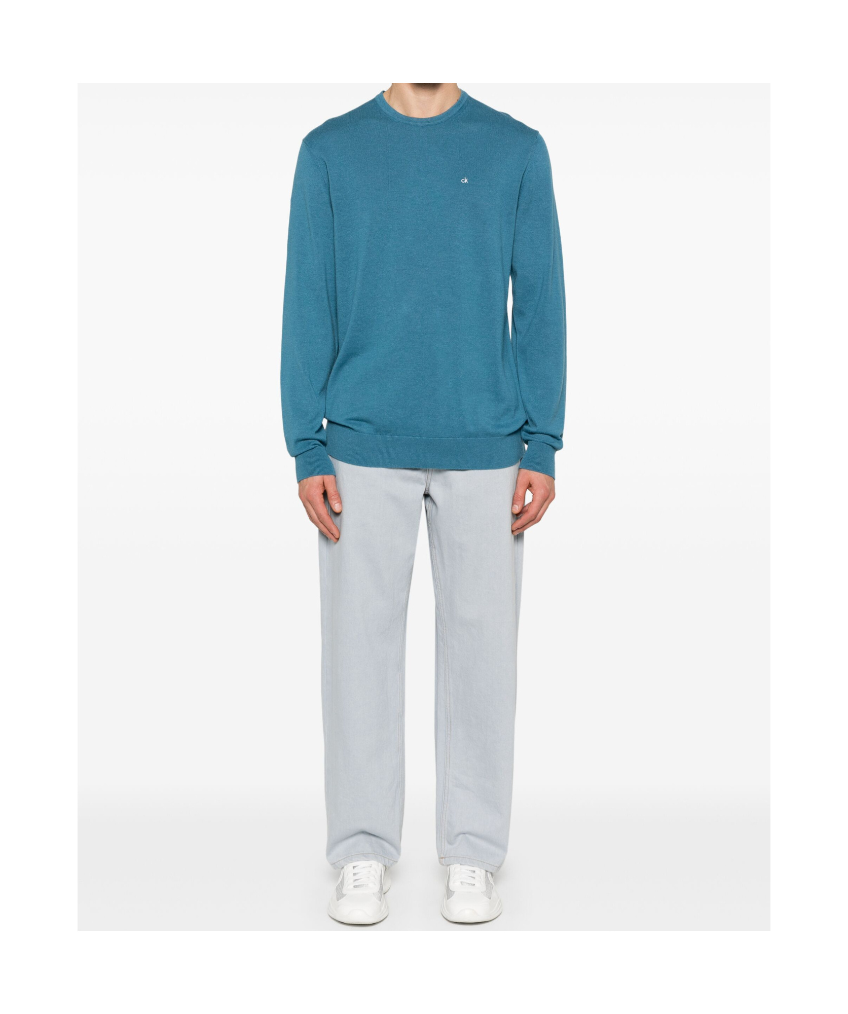 Calvin Klein Crew Neck Cotton Silk Blend Sweater In Blue
