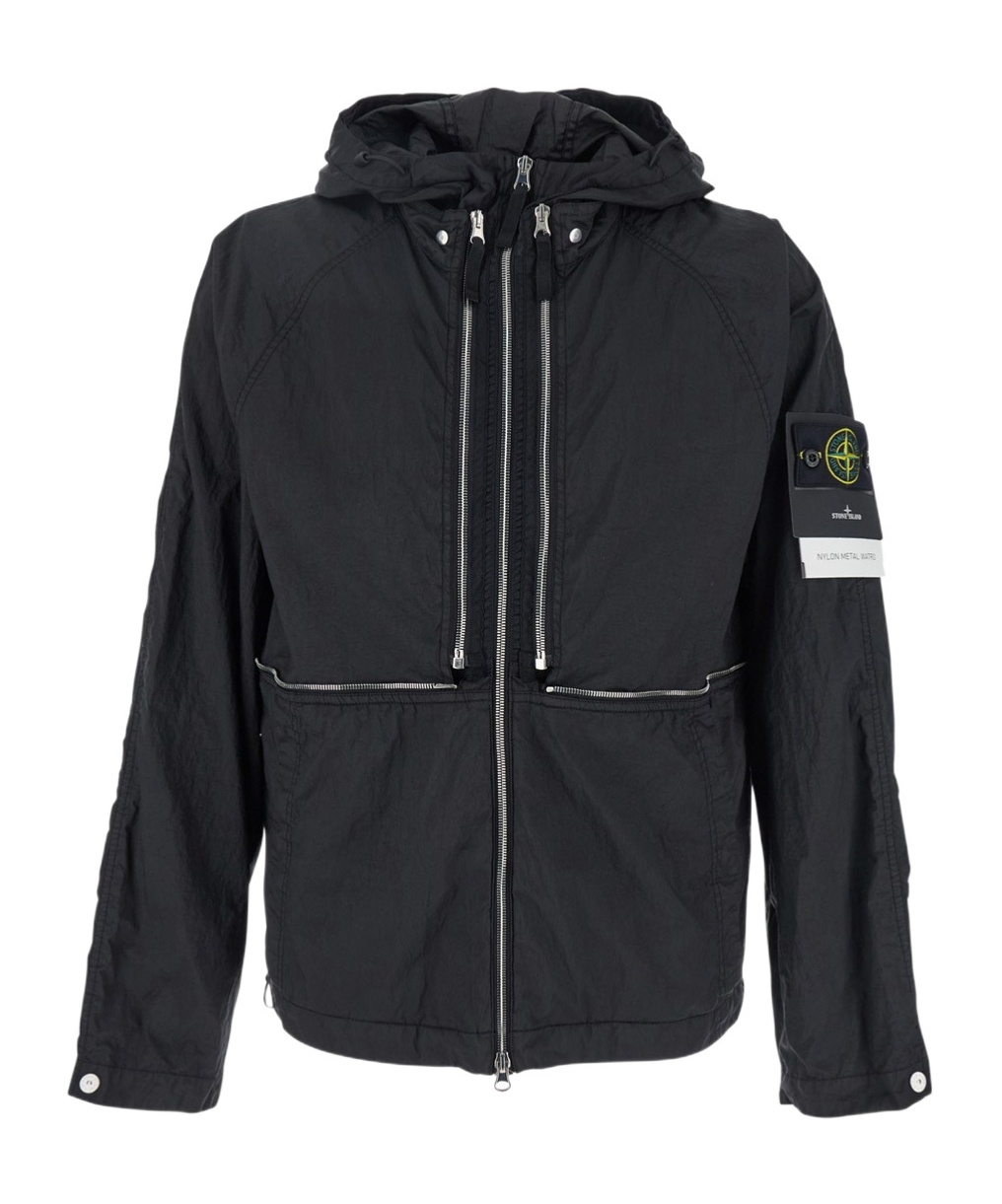 Stone Island Black Jacket With Compass Logo Patch Applied On The Sleeve In Tech Fabric Man In Black