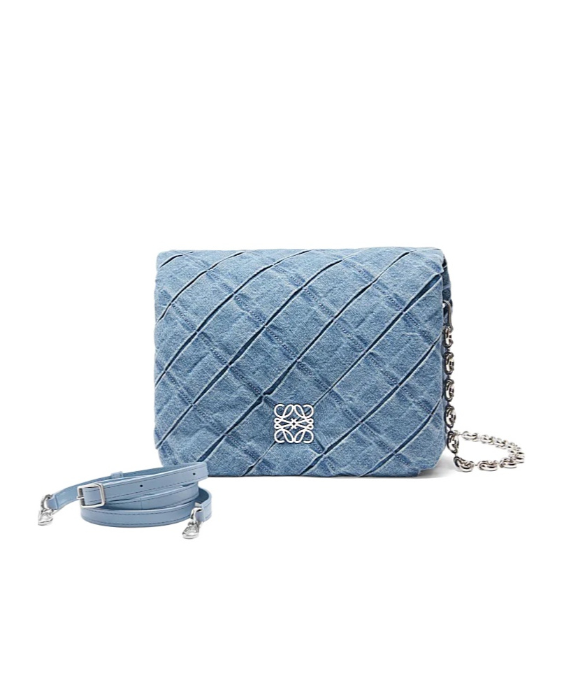 Loewe Goya Puffer In Pleated Washed Denim