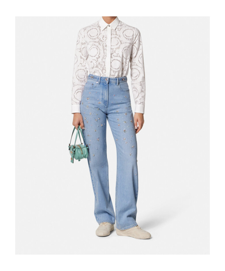 Versace Barocco-jacquard Button-up Shirt In White