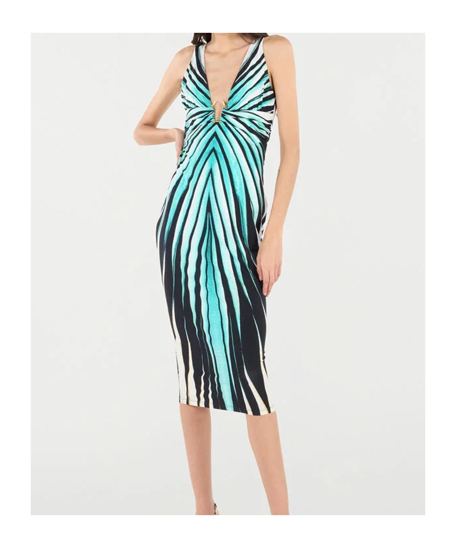 Roberto Cavalli Womens Turchese Striped Plunge Stretch-woven Midi Dress In Blue