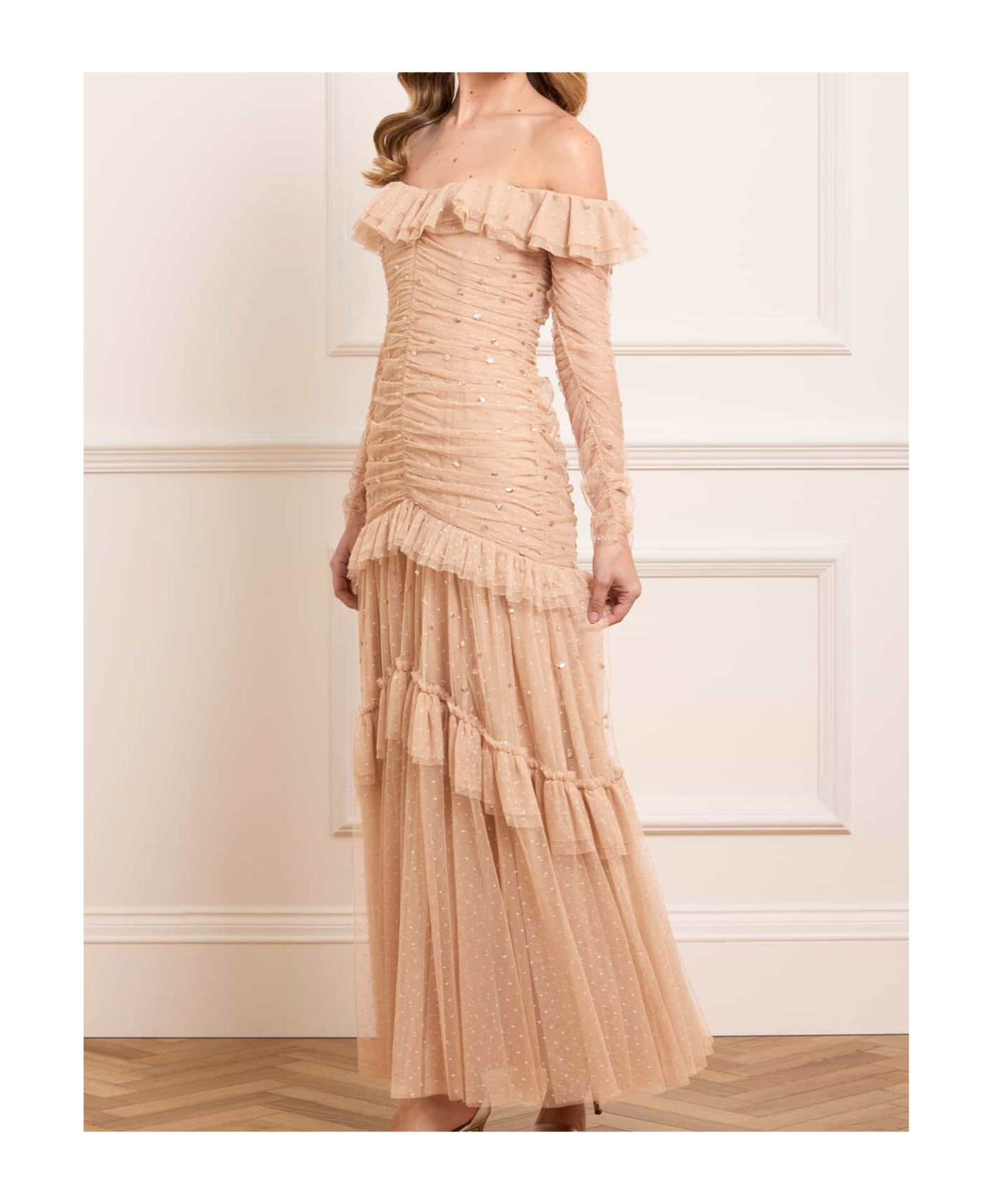Needle & Thread Sequined Pleated Off-the-shoulder Gown In Neutral