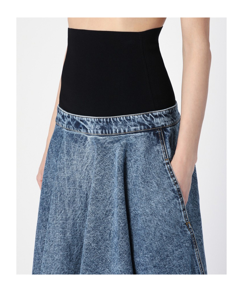 Shop Alaïa Denim-panel Midi Skirt In Blue