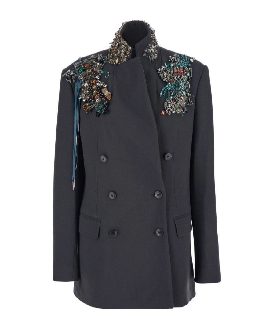 Dries Van Noten Women Grey Jacket With High Collar And Rhinestone Details In Wool Woman In Gray
