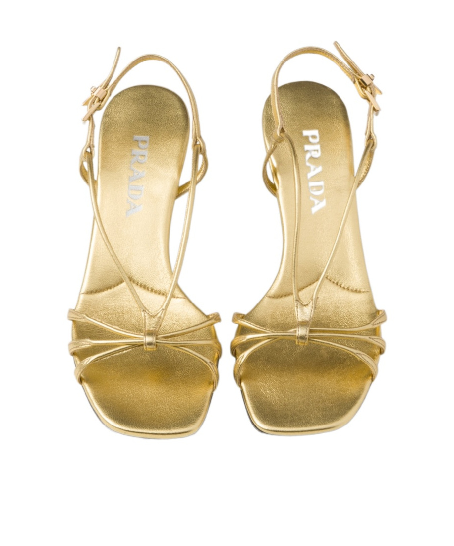Prada Leather Kitten Heel Sandals With Metallic Finish In Golden
