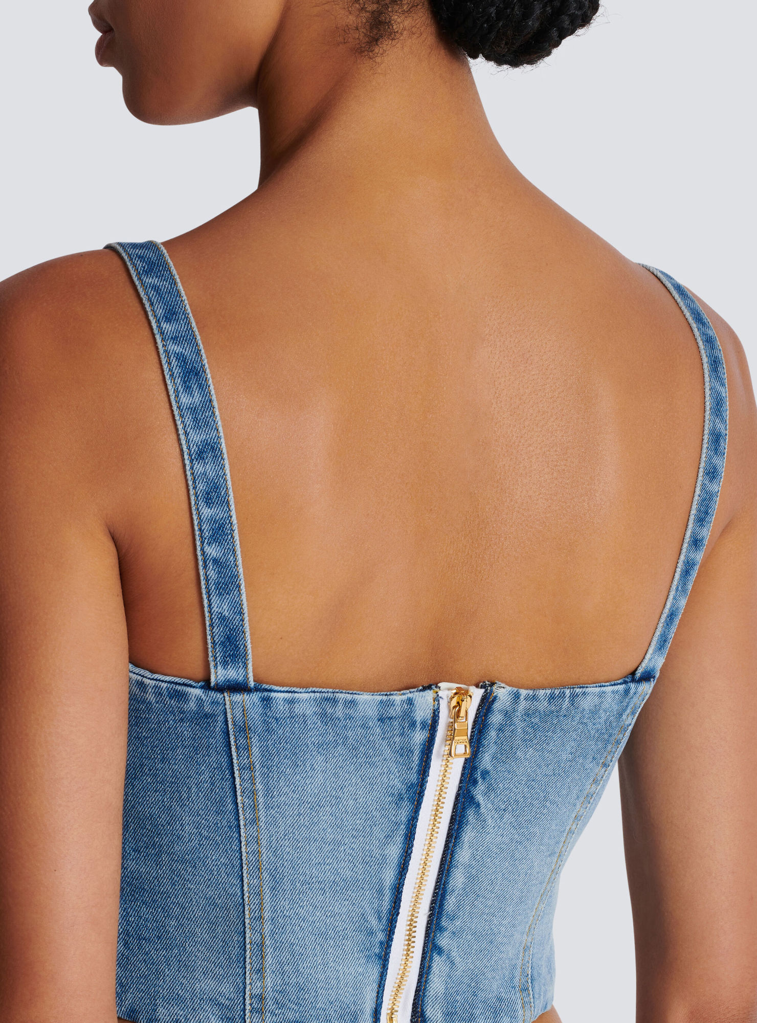 Balmain Button-embellished Denim Bustier Top In Blue