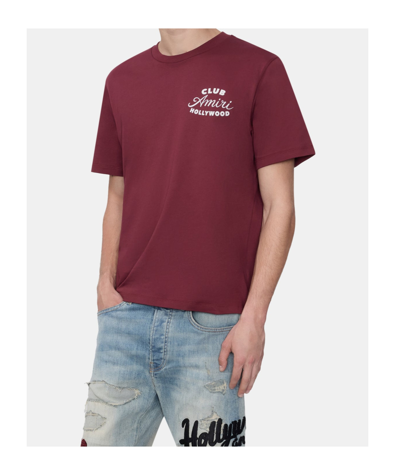 Amiri Bordeaux Crewneck T-shirt With Logo Lettering On The Front And Maxi Logo Print On The Rear In Cotton In Burgundy
