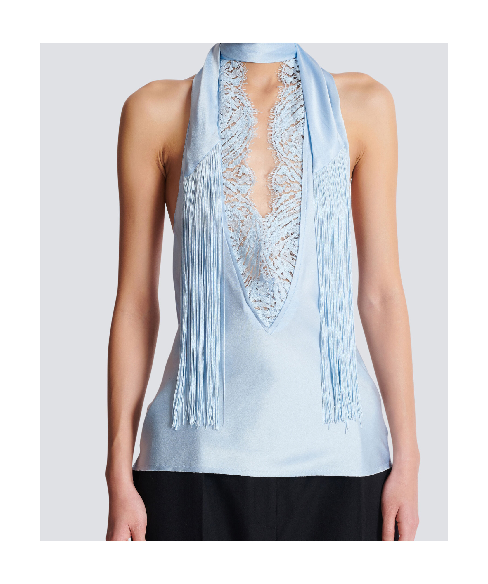 Balmain Backless Crepe Satin Top With Fringe In Blue