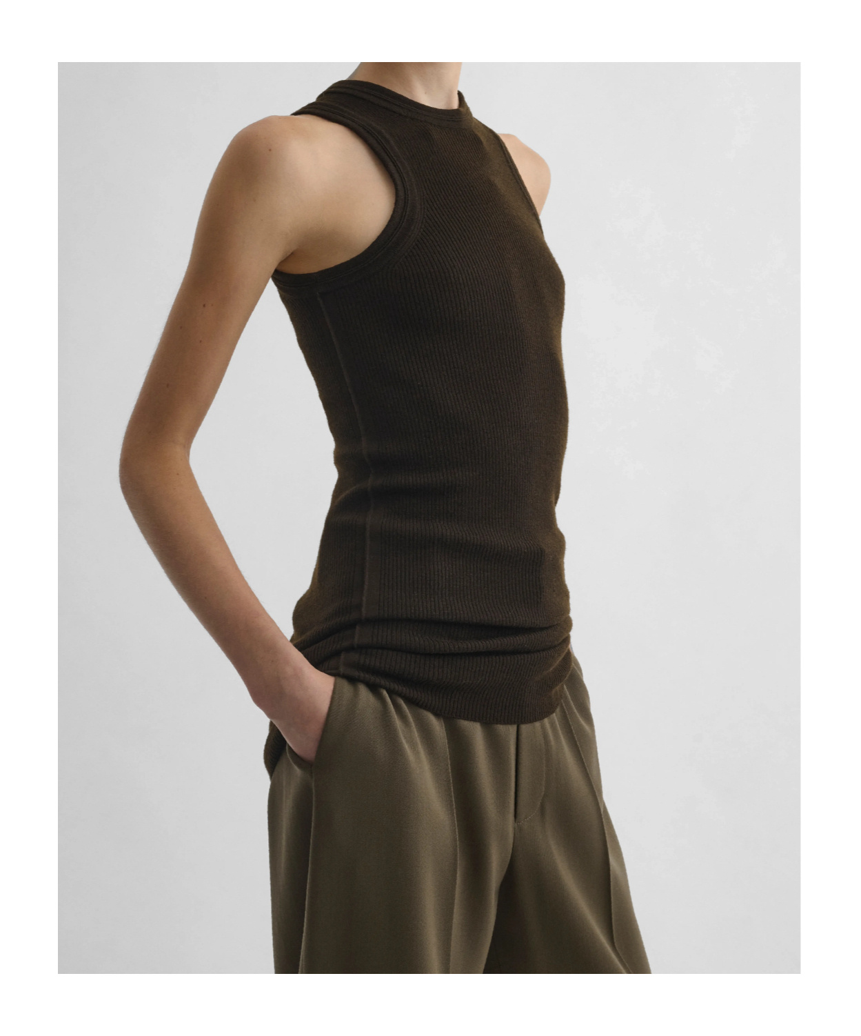 PHOEBE PHILO RIBBED TANK IN DARK KHAKI WOOL