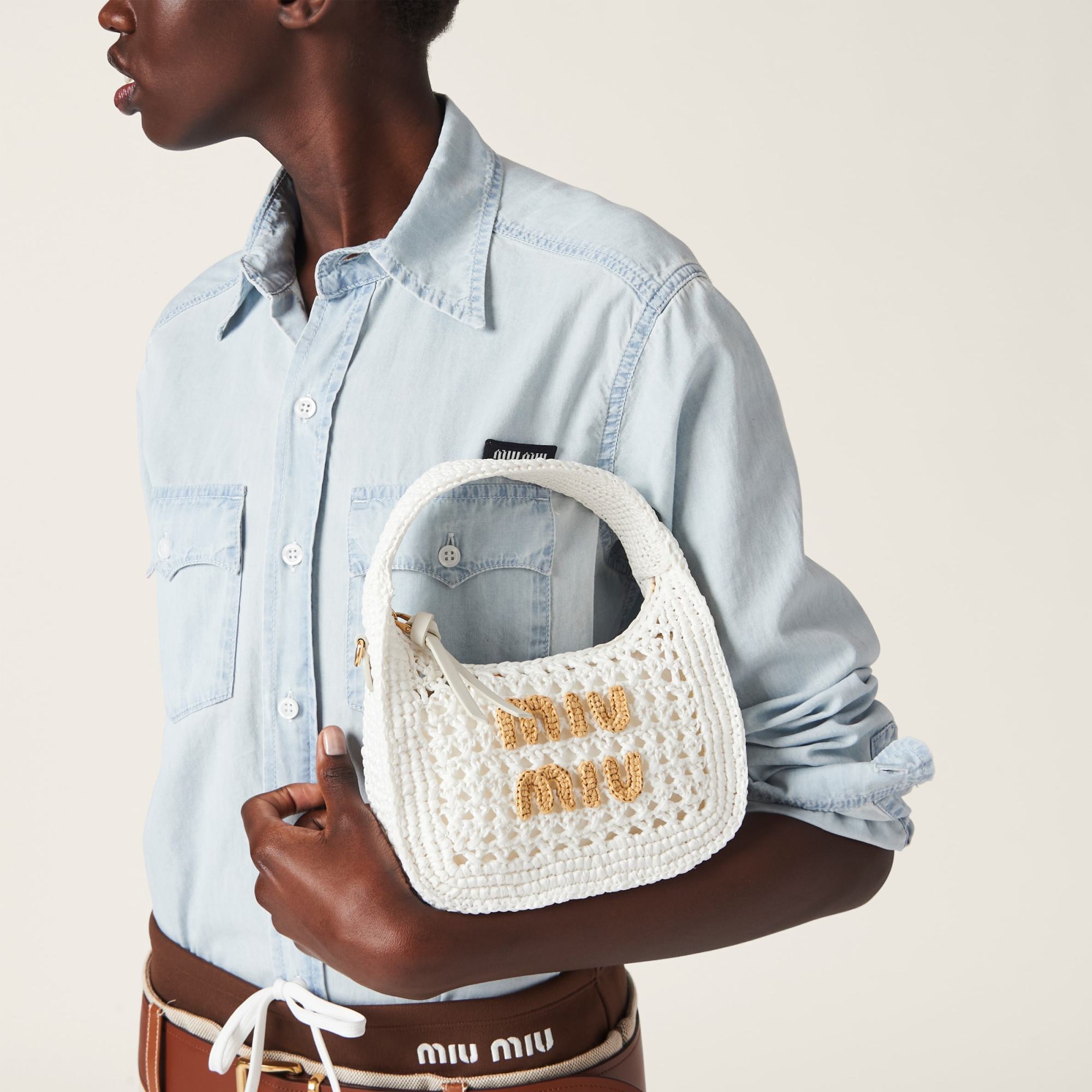 Miu Miu Wander Woven Fabric Hobo Bag In White