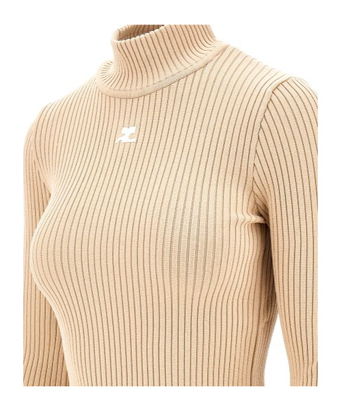 Courrèges Ribbed Turtleneck Top With Embroidered Logo In Nude
