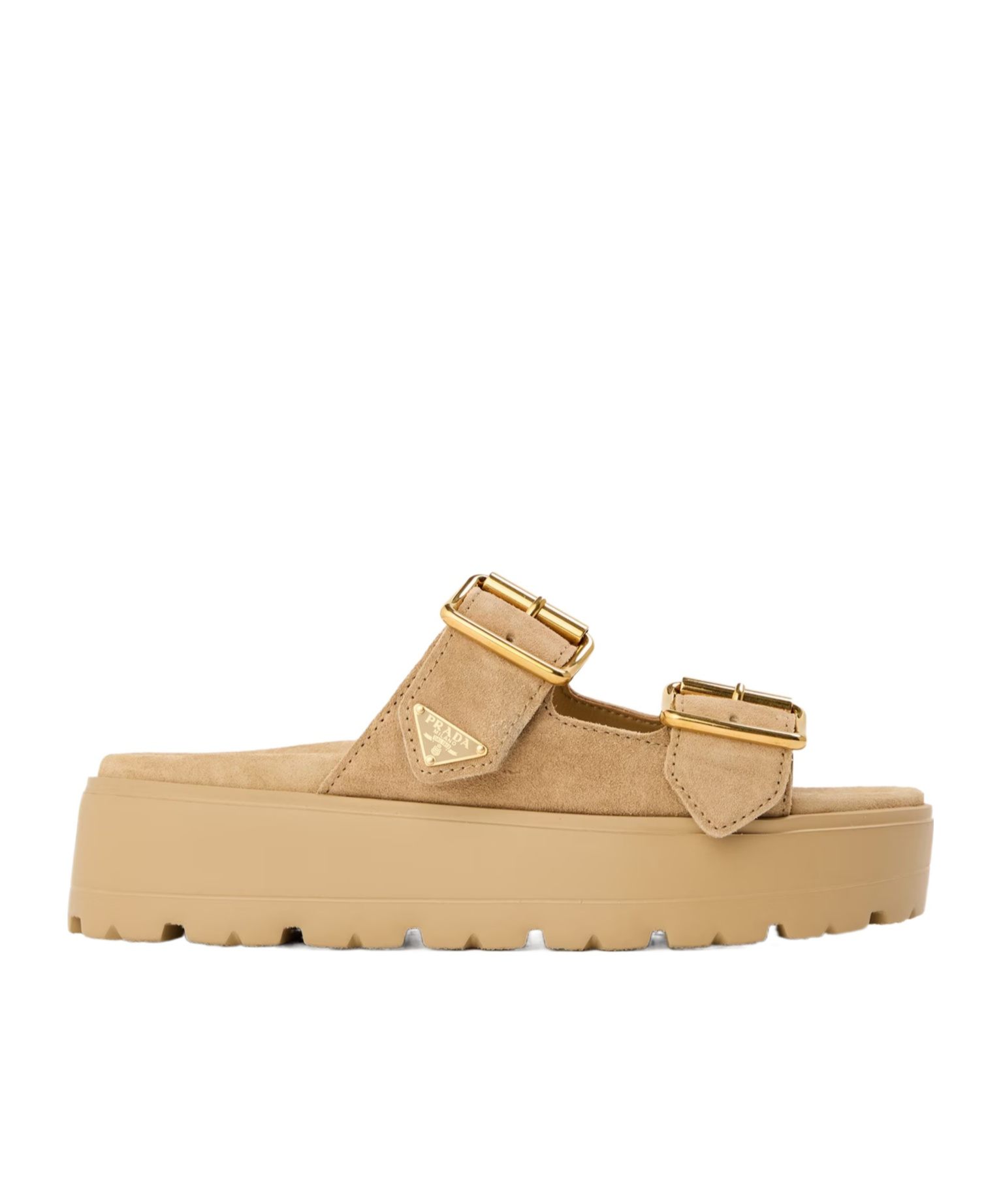 Prada Buckle Logo Slippers In Nude