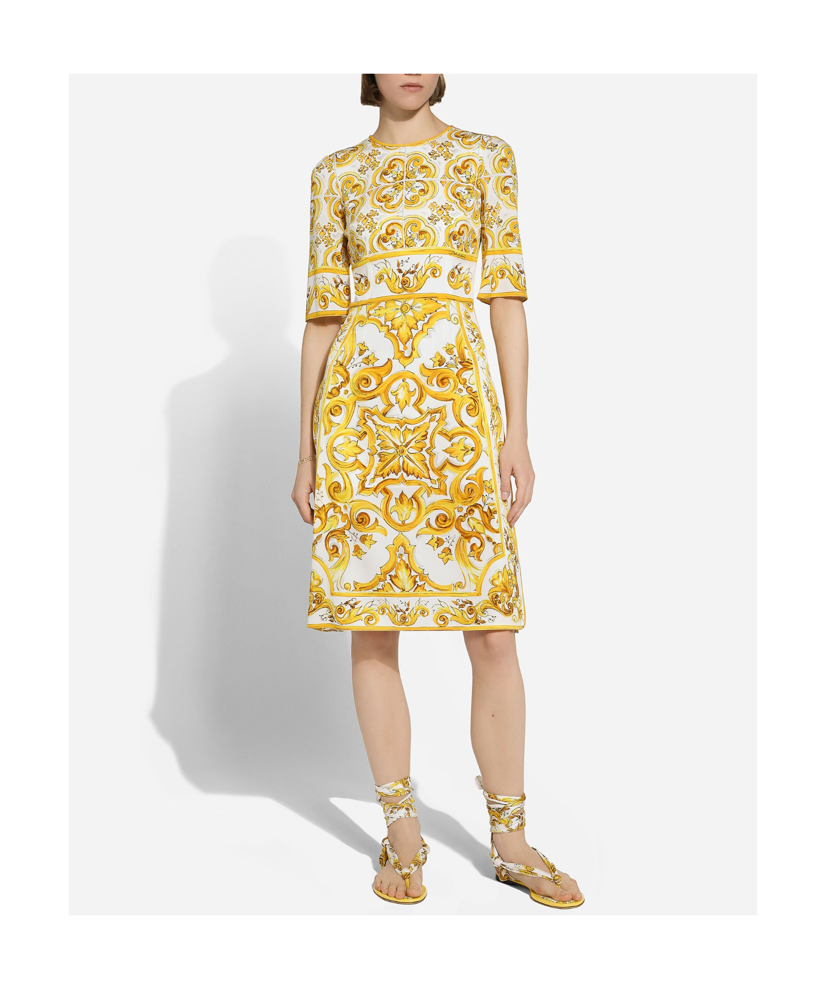 Shop Dolce & Gabbana Majolica Silk Crepe Dress In Yellow