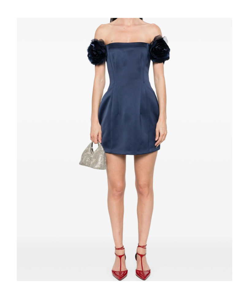 Elisabetta Franchi Floral-appliqué Duchess Satin Mini Dress In Blue