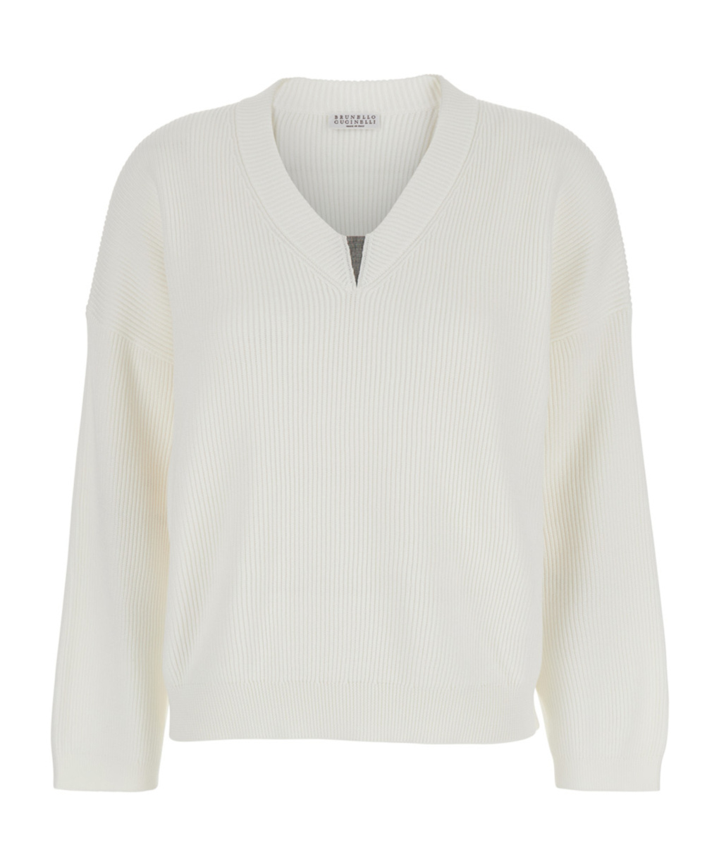 Brunello Cucinelli White Sweater With V Neck And Monile Detail On The Front In Cotton Woman In White