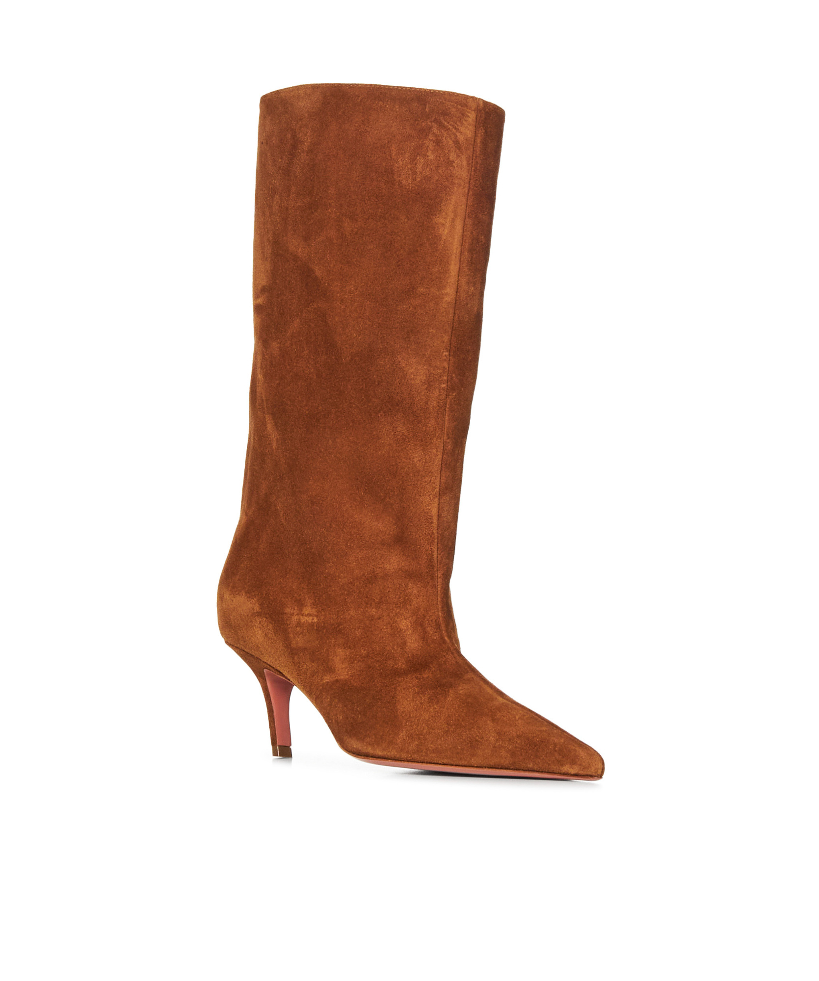 Amina Muaddi 60mm Fiona Suede Pointed-toe Knee-high Boots In Brown